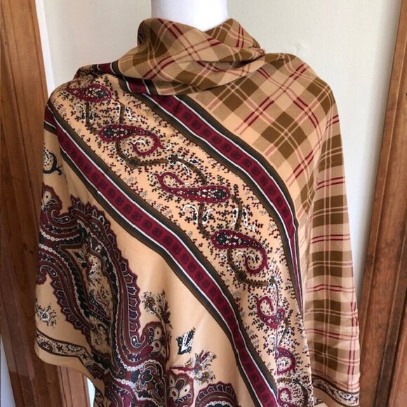 TALBOTS Italian Silk Brown Paisley Plaid Scarf 33" Square - Picture 8 of 17
